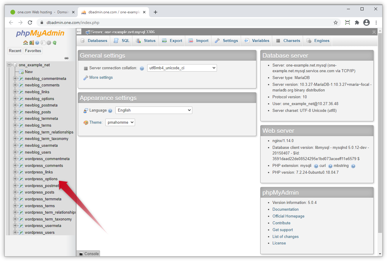 Skärmdump som visar alternativtabellen i phpMyAdmin.