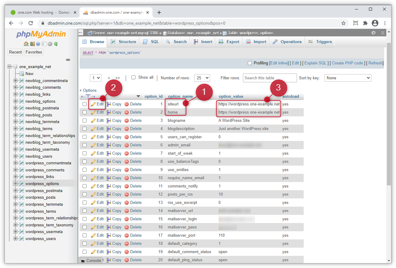 Ecrã de phpMyAdmin.