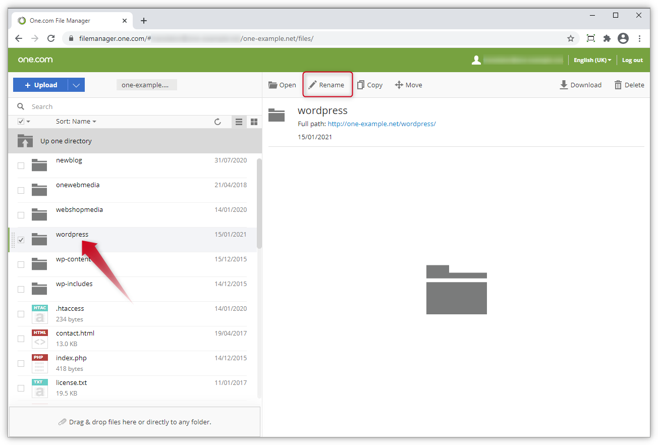 Ecrã da pasta "wordpress" no File Manager.