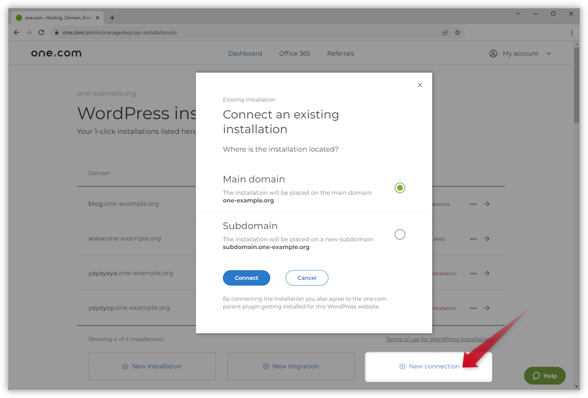 Shot de tela mostrando como conectar um site WordPress ao Painel de Controle.