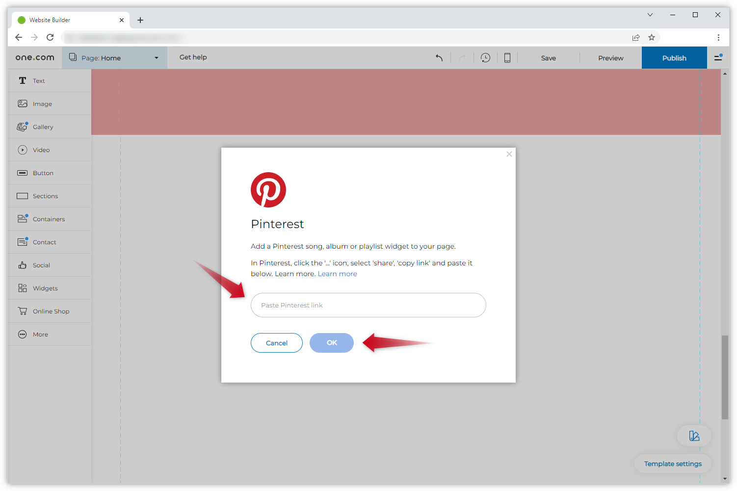 Kuvakaappaus Pinterest-ponnahdusikkunasta ja kahdesta punaisesta nuolesta. Yksi osoittaa syöttökenttään ja yksi osoittaa "OK"-painikkeeseen.