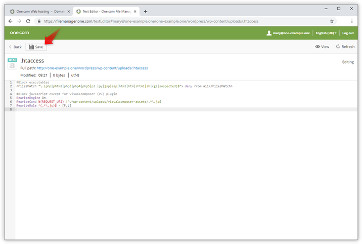 Screenshot, der zeigt, wie Sie eine Datei im File Manager speichern.