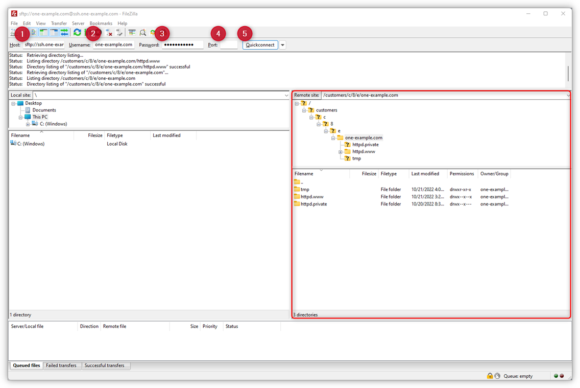 In this screenshot the connection data fields are numbered 1-5. And a red frame around the folder and file area on the right side of the screen.