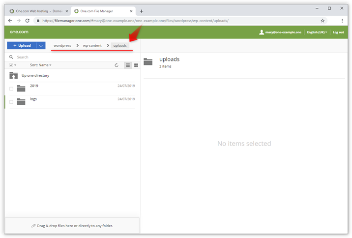 Screenshot des Uploads-Ordners im File Manager.