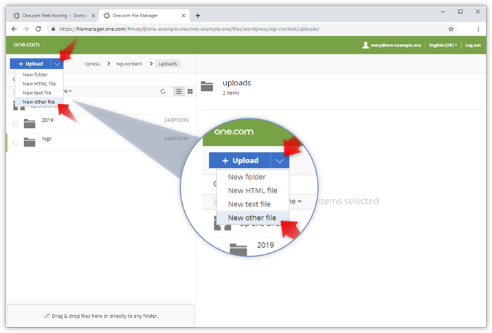 Screenshot, der zeigt, wie Sie eine neue Datei im Uploads-Ordner im File Manager erstellen.