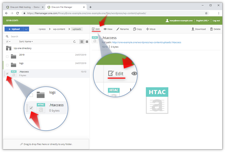 Captura de pantalla que muestra cómo editar un archivo en el Administrador de Archivos.