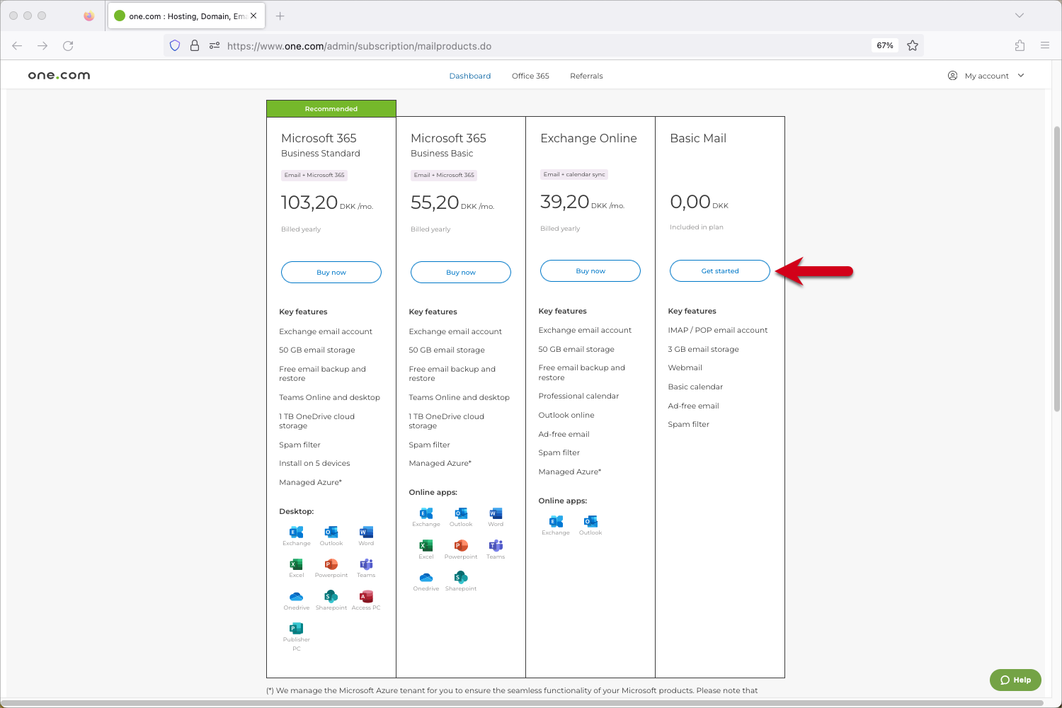 Skjermbilde som viser tilgjengelige e-postpakker, med en rød pil som peker på «Kom i gang» i Basic Mail-feltet.