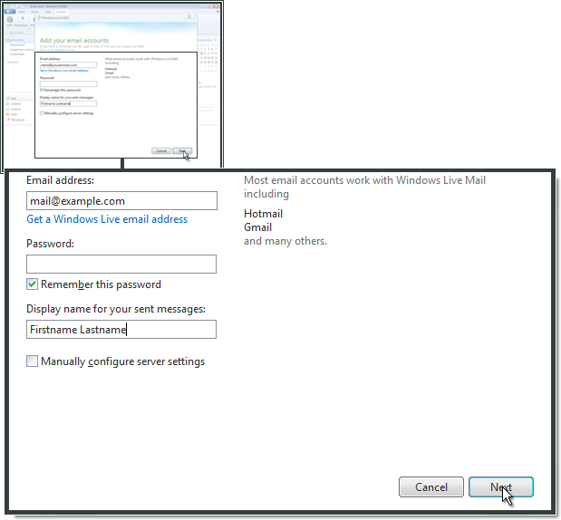 Inserisci indirizzo e-mail, password e nome.