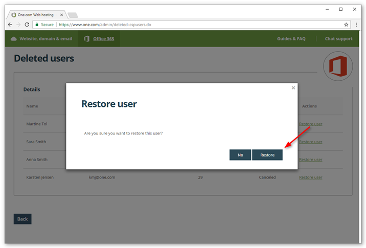 Click Restore to confirm that you want to reactivate this user.