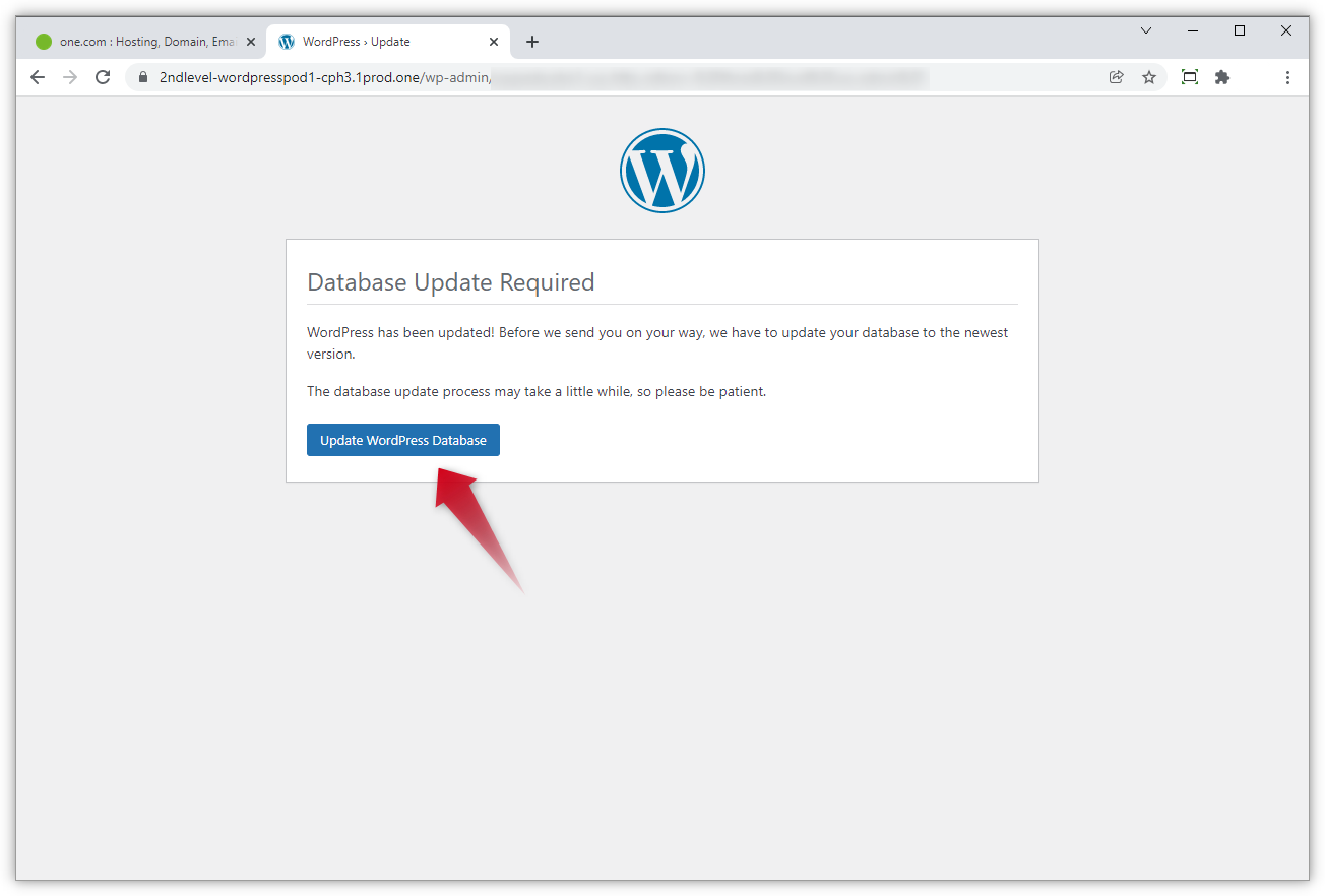 Kuvakaappauksessa on viesti WordPressiltä, jossa lukee, että tietokanta on päivitettävä. Punainen nuoli osoittaa nappia, jossa lukee "Päivitä WordPress-tietokanta".