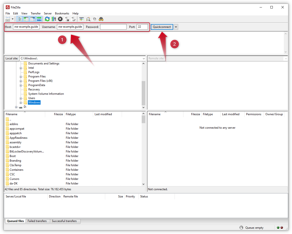 Skjermbildet av FileZilla-grensesnittet fremhever hvor du først skal skrive inn tilkoblingsdetaljene, og deretter klikke på knappen "Quickconnect".