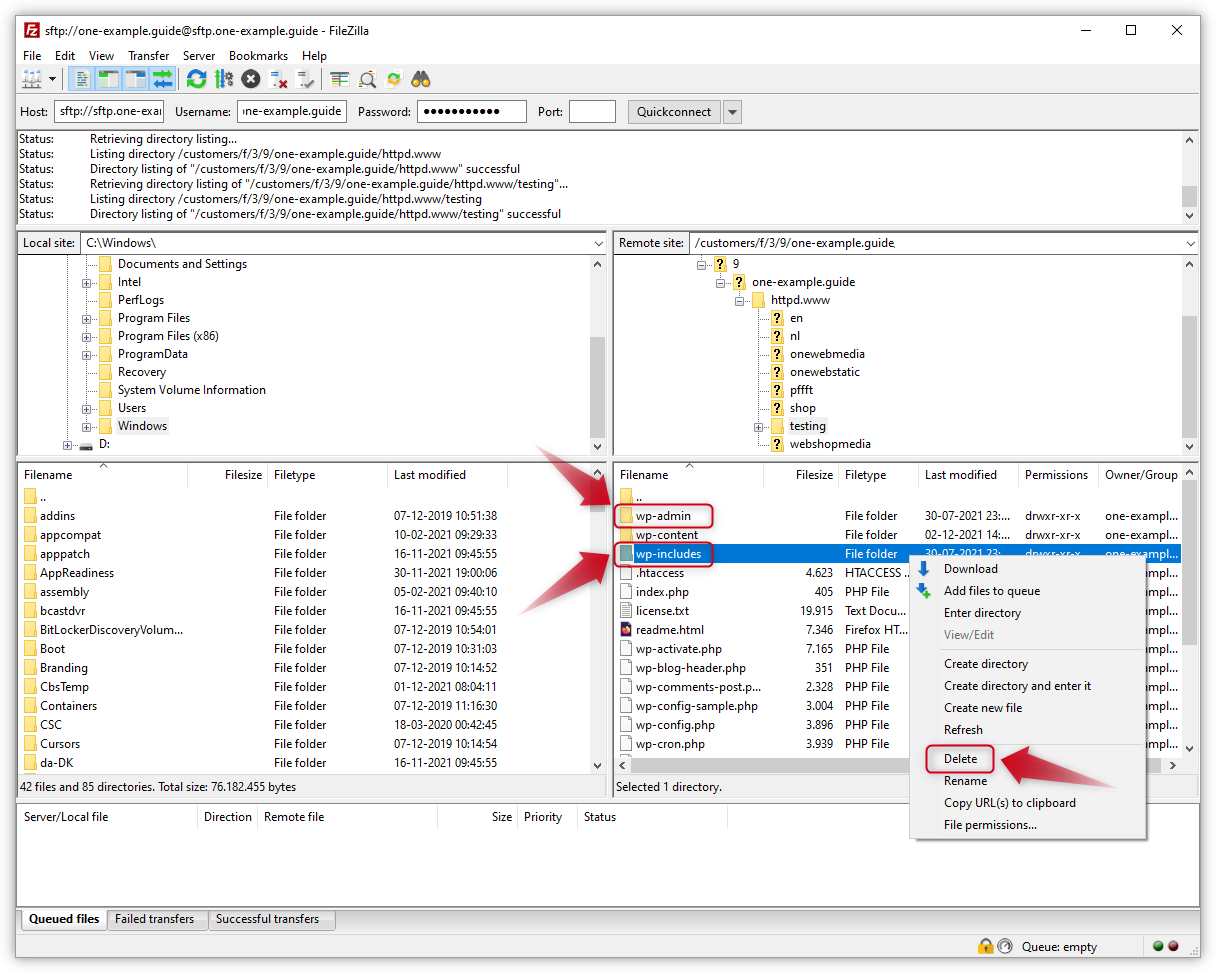 Skärmdumpen av FileZilla-gränssnittet markerar mapparna "wp-admin" och "wp-includes" under "Fjärrplats". Den visar också snabbmenyn som visas när du högerklickar på mapparna, och en röd pil pekar på alternativet "Radera" i menyn.