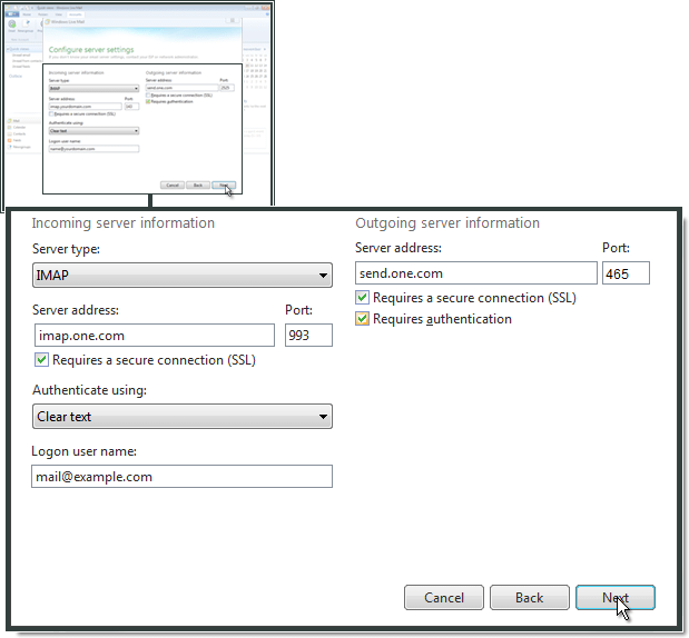 Konfigurer imap og smtp server