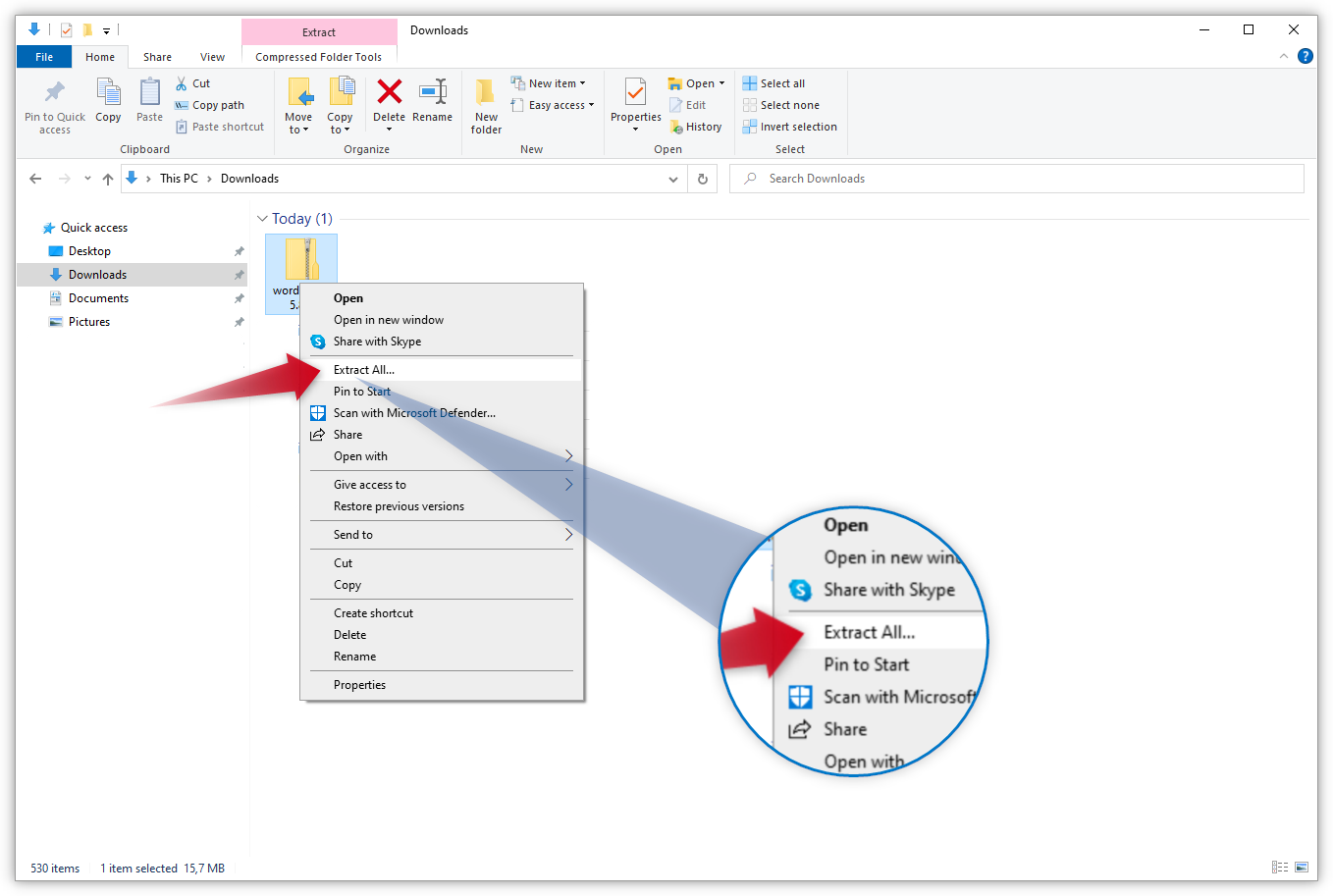 Den viser hurtigmenyen som dukker opp når du høyreklikker på en zip-fil i Filutforsker. En rød pil peker på "Pakk ut alle..." in the menu.