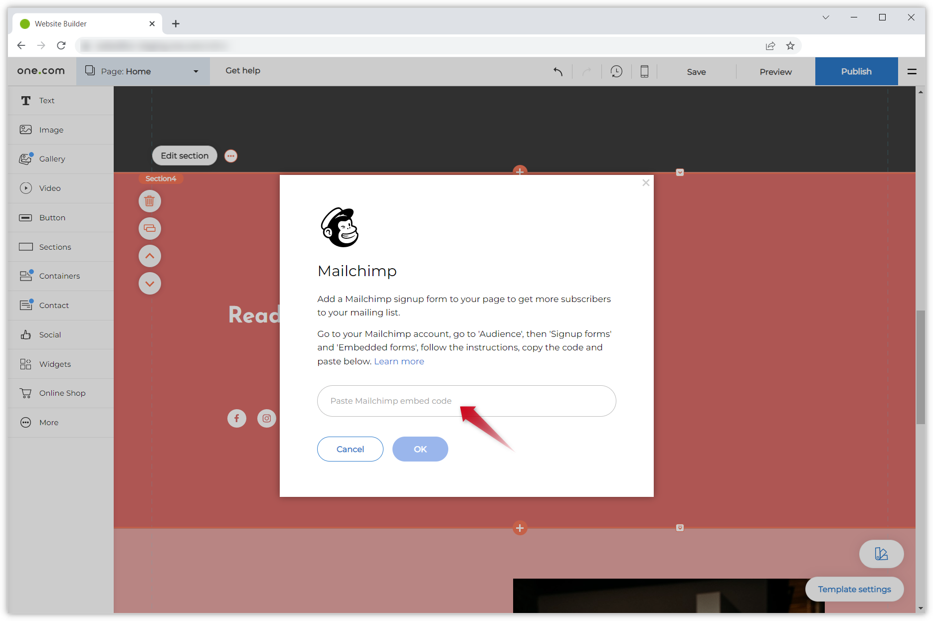 Screenshot della finestra pop-up di Mailchimp e una freccia rossa che punta al campo di immissione.