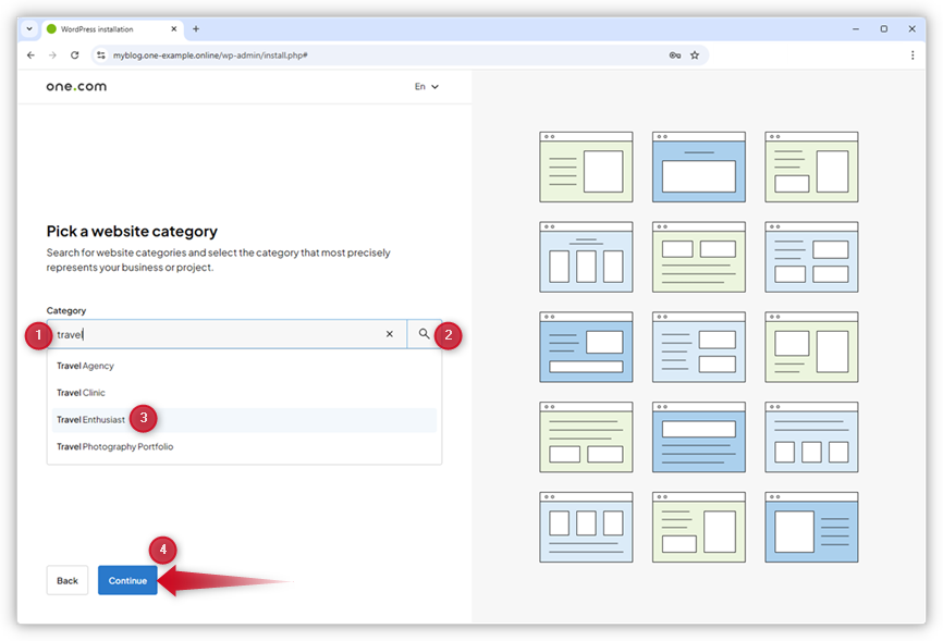 The screenshot displays the section for selecting a website category, with a red arrow pointing to the "Continue" button.