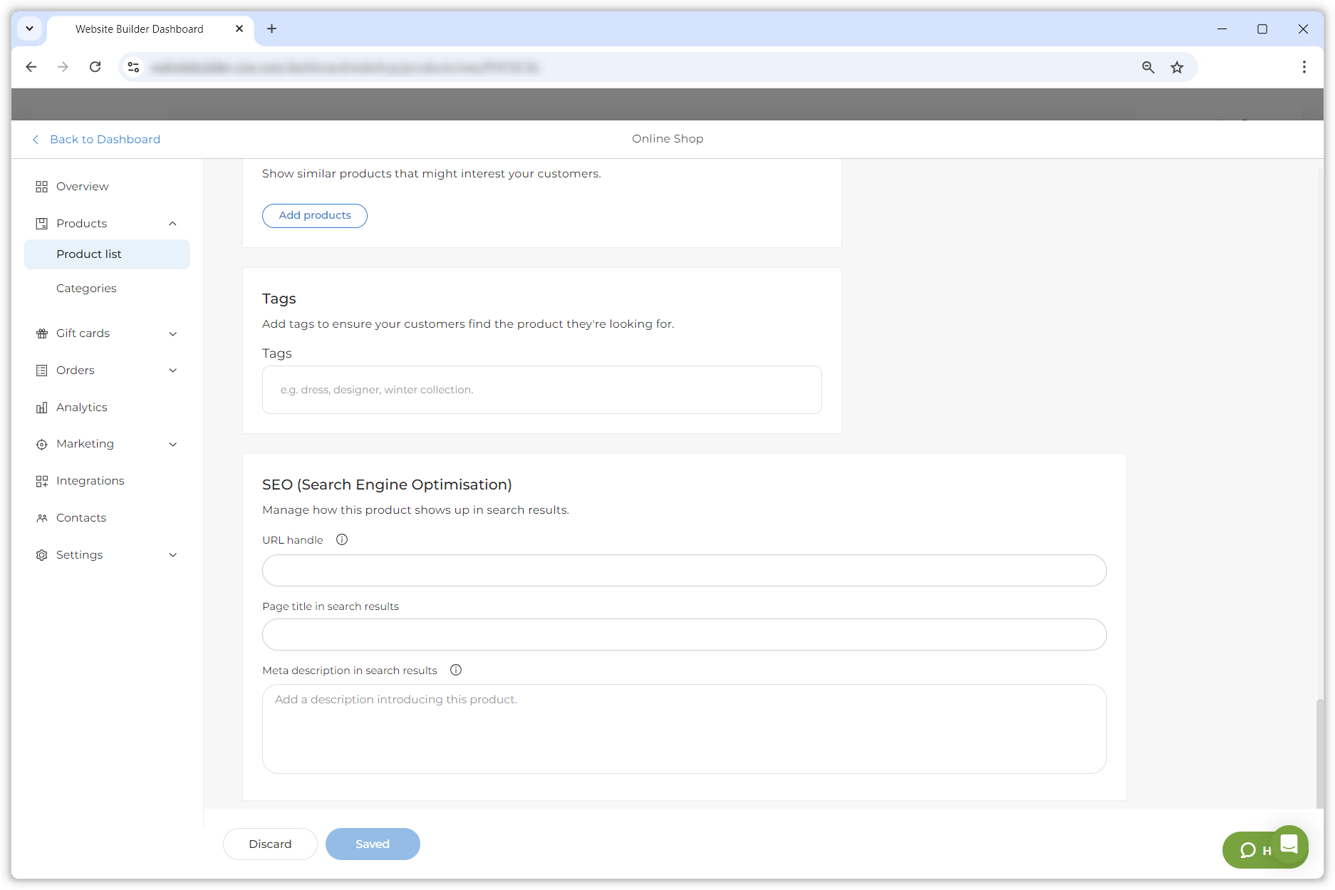 Kuvakaappaus, jossa näkyvät hakukonevaihtoehdot tuotetiedoissa.