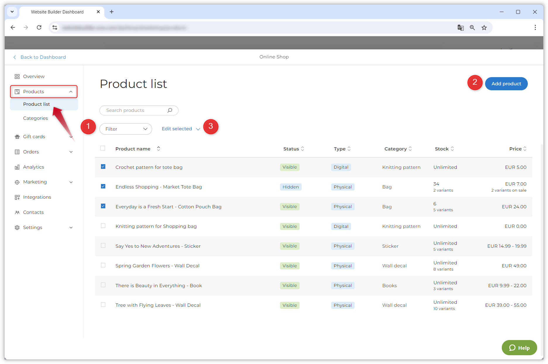 Kuvakaappaus, jossa näkyy tuotteiden yleiskatsaus Verkkokaupassa. Punainen nuoli osoittaa vasemmalla olevaan Tuoteluettelo-valikkokohtaan, ja kolme punaista ympyrää numeroineen korostavat Suodatin-vaihtoehdon, Lisää tuote -painikkeen ja Muokkaa tuotteita -vaihtoehdon.