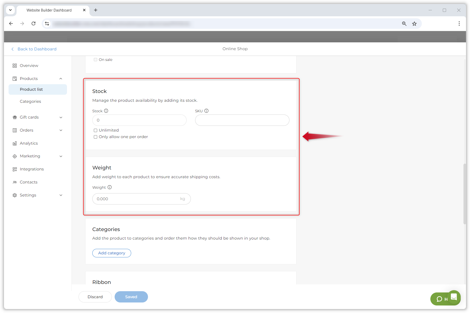 Kuvakaappaus, jossa näkyvät Varasto- ja Paino-vaihtoehdot tuotesivun tiedoissa.