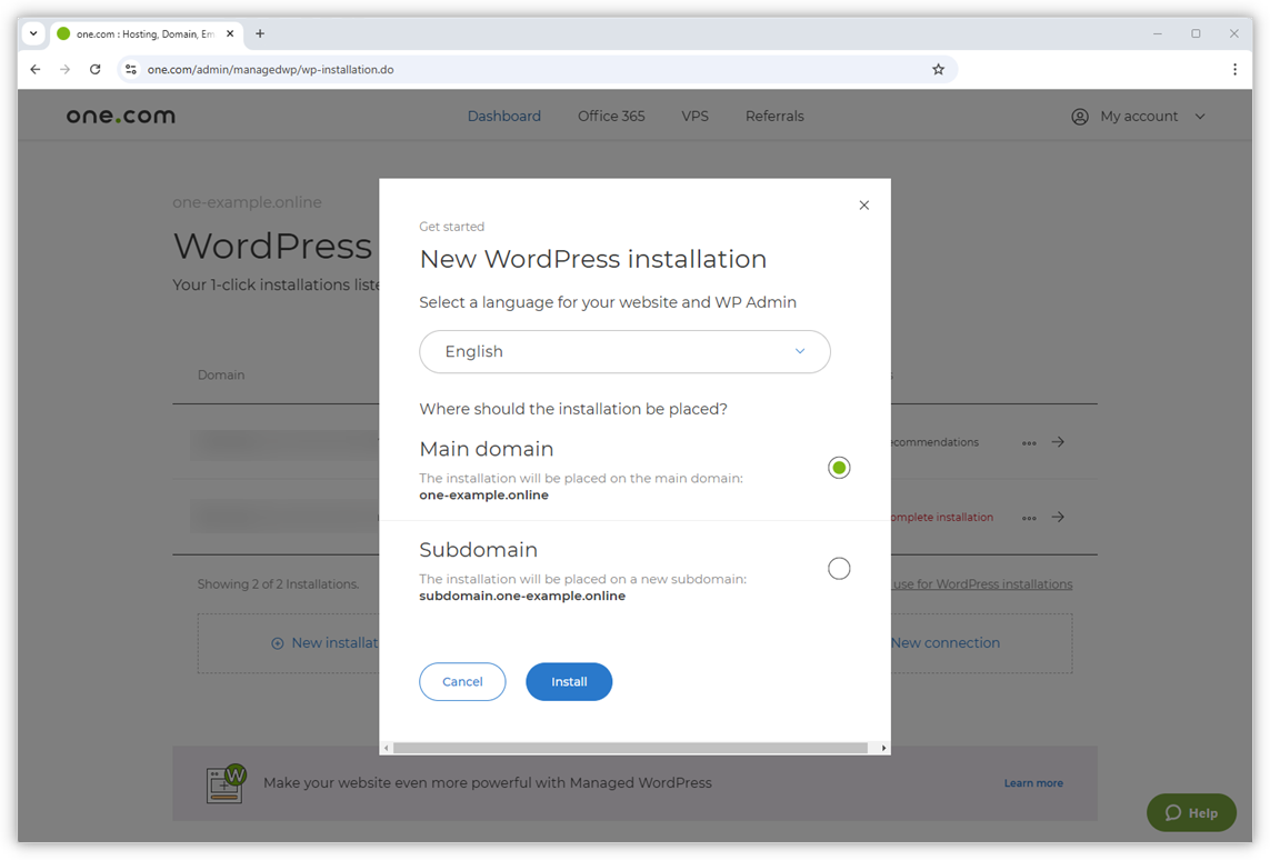 Der Screenshot zeigt das Popup-Fenster zur Auswahl der Sprache und des Installationsortes.