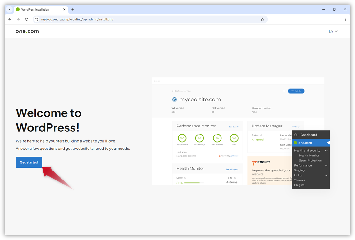 Der Screenshot aus dem Onboarding-Assistenten zeigt einen roten Pfeil, der auf den Button „Jetzt loslegen“ zeigt.