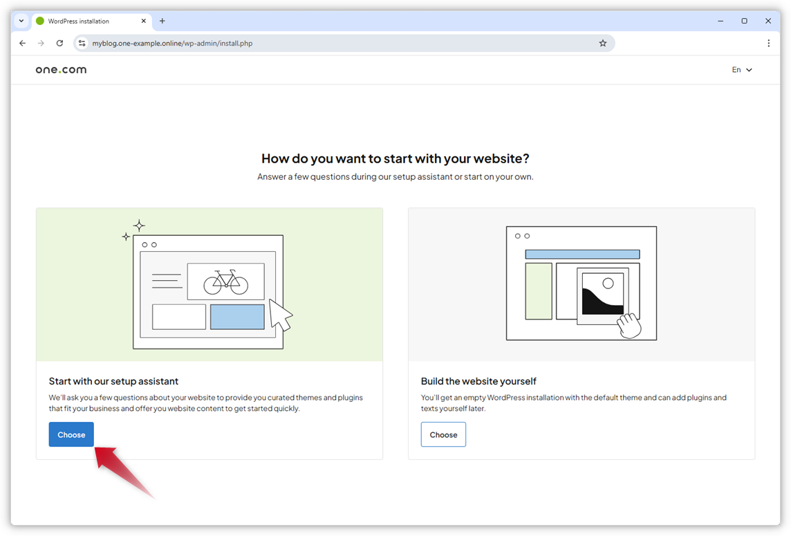 Der Screenshot zeigt zwei Optionen: „Mit unserem Setup-Assistenten starten“ und „Die Website selbst erstellen“, mit einem roten Pfeil, der auf den Button „Auswählen“ zeigt.
