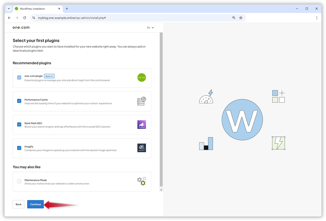 Lo screenshot mostra la sezione di selezione del plugin con una freccia rossa che indica il pulsante "Continua".