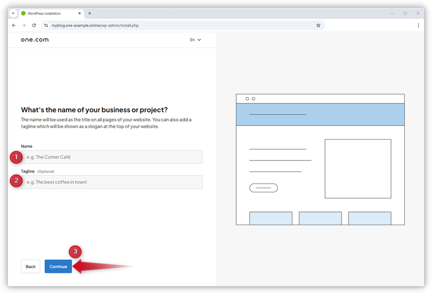 Der Screenshot zeigt den Bereich zum Eingeben eines Namens für die neue Website, mit einem roten Pfeil, der auf den Button „Weiter“ zeigt.