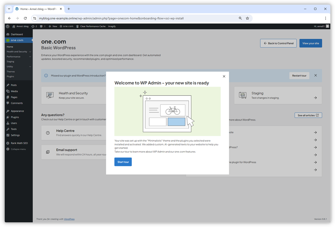 Der WP Admin-Screenshot zeigt ein Willkommens-Popup-Fenster mit einem Button „Tour starten“.
