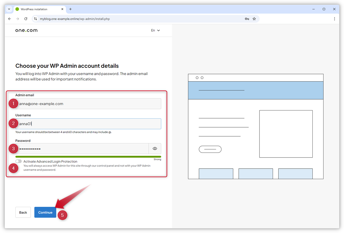 La captura de pantalla muestra el área para ingresar los detalles de la cuenta de WP Admin, con una flecha roja que señala el botón "Continuar".