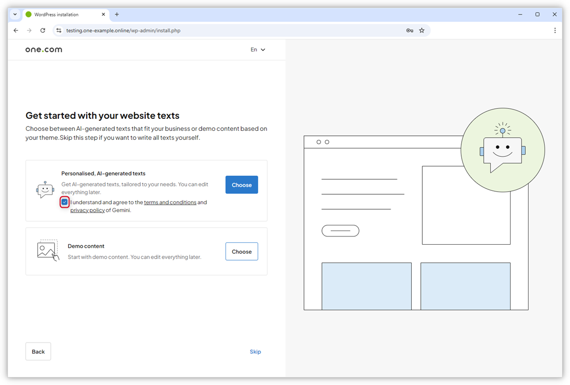 La captura de pantalla muestra dos opciones para agregar texto al sitio web: "Textos personalizados generados por IA" y "Contenido de demostración". La casilla para los términos y condiciones está seleccionada.