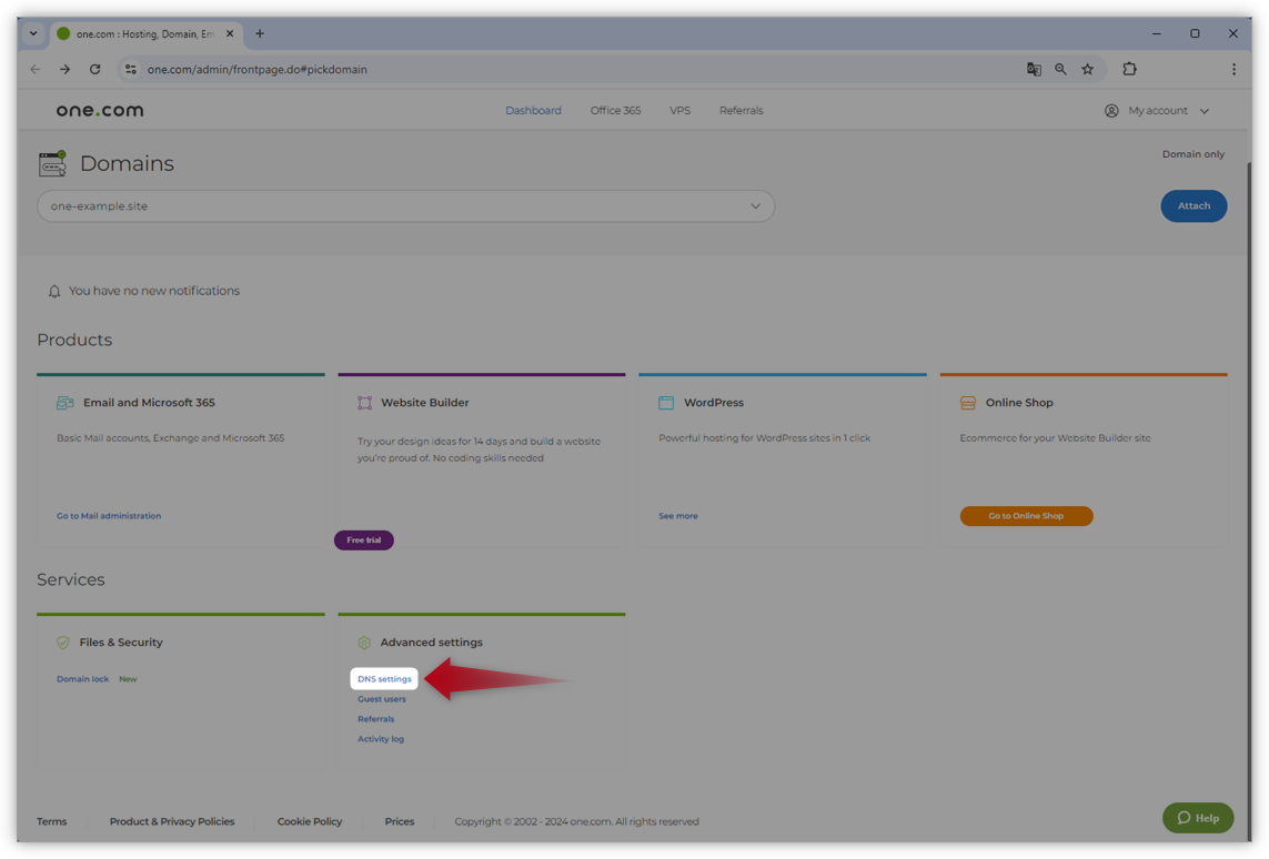 Screenshot of the Controlpanel where DNS Settings has an arrow pointed to it.