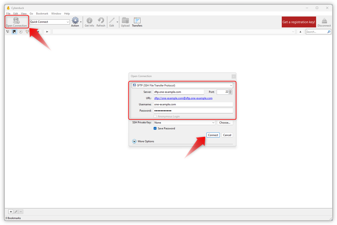 Captura de tela do painel de login do Cyberduck com uma seta vermelha apontando para 'Abrir Conexão,' uma moldura vermelha ao redor dos detalhes da conexão e uma seta apontando para 'Conectar'.