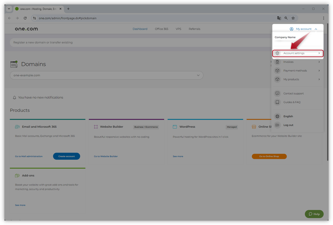 Een screenshot van het configuratiescherm van one.com met een pijl die naar de accountinstellingen in het menu Mijn account wijst.