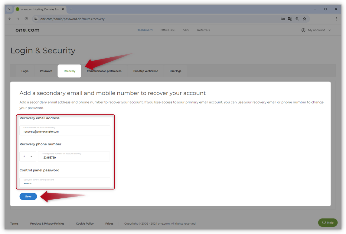 Een screenshot van het gedeelte Login & Security van het configuratiescherm van one.com. Een pijl die naar het tabblad Herstel en de knop Opslaan wijst.