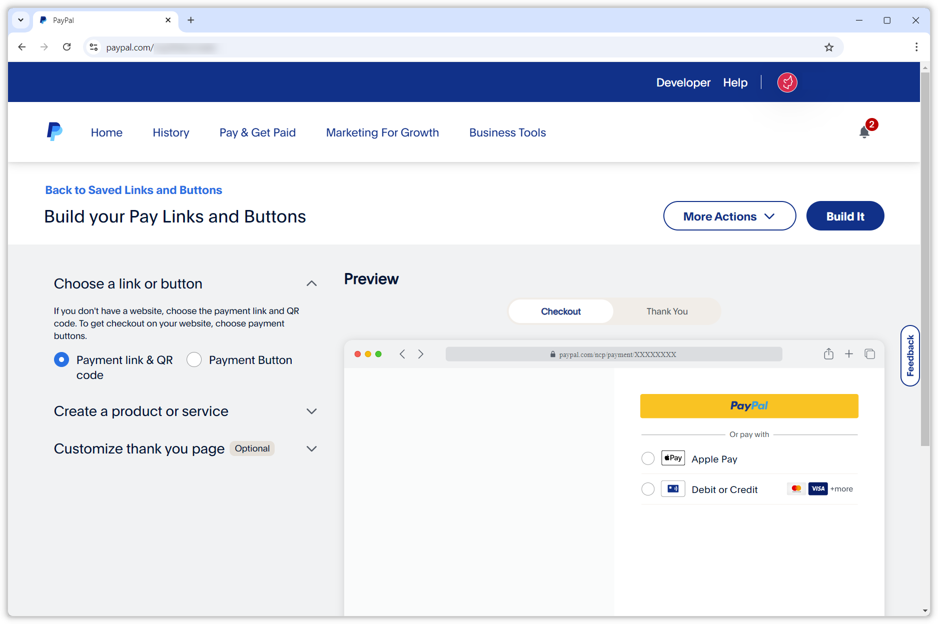 Skærmbillede af PayPals website, hvor du kan tilpasse knappen.