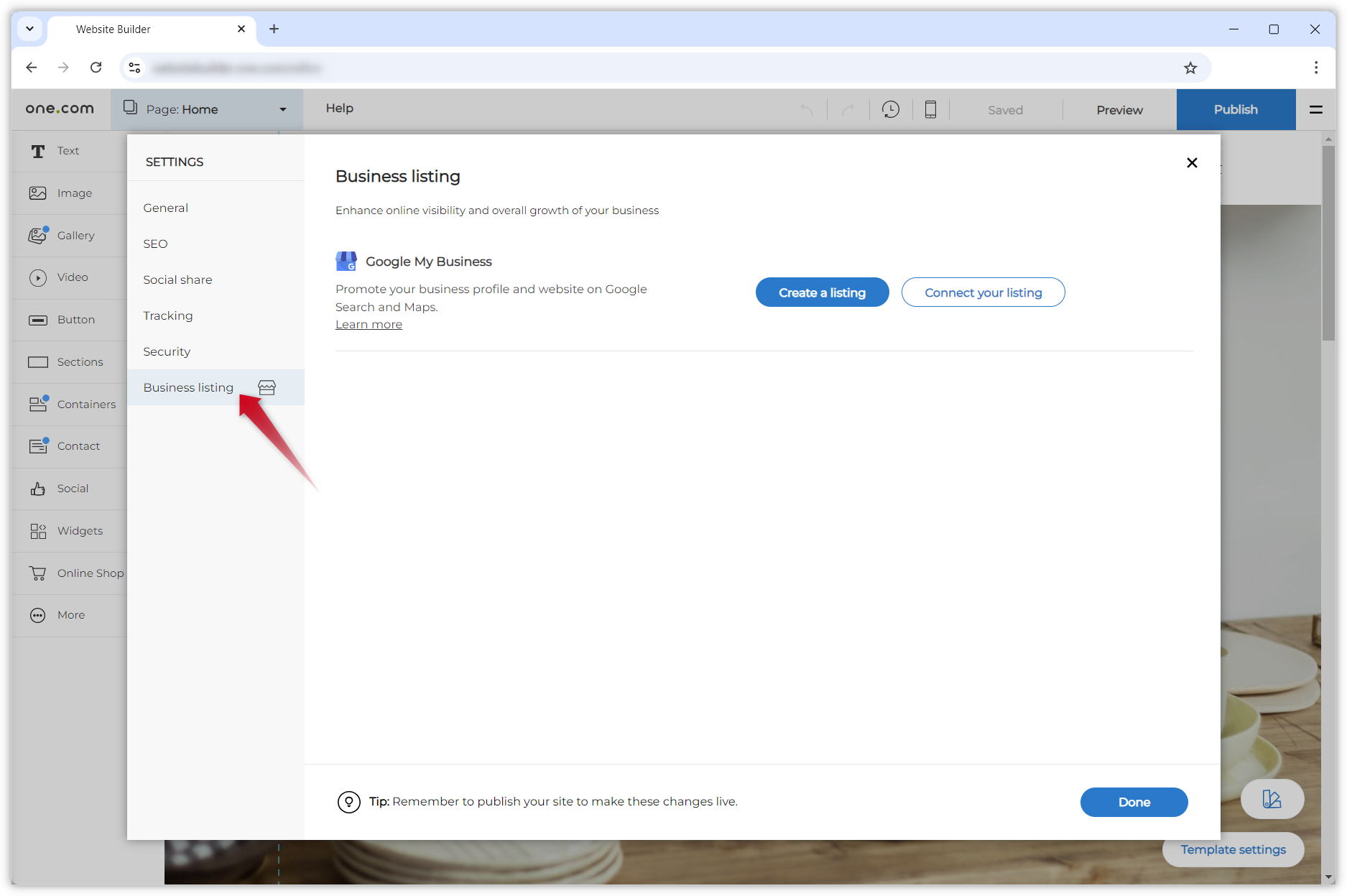 In this screenshot of the Website Builder settings, a red arrow points to the Business listing option in the left menu.