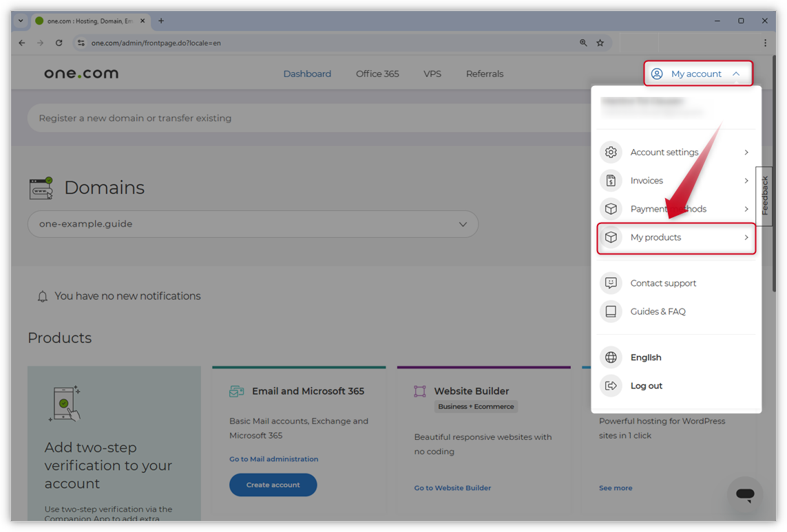 The screenshot of the one.com Control Panel shows "My account" highlighted in the top-right corner, with a red arrow pointing to "My products" in the opened menu.