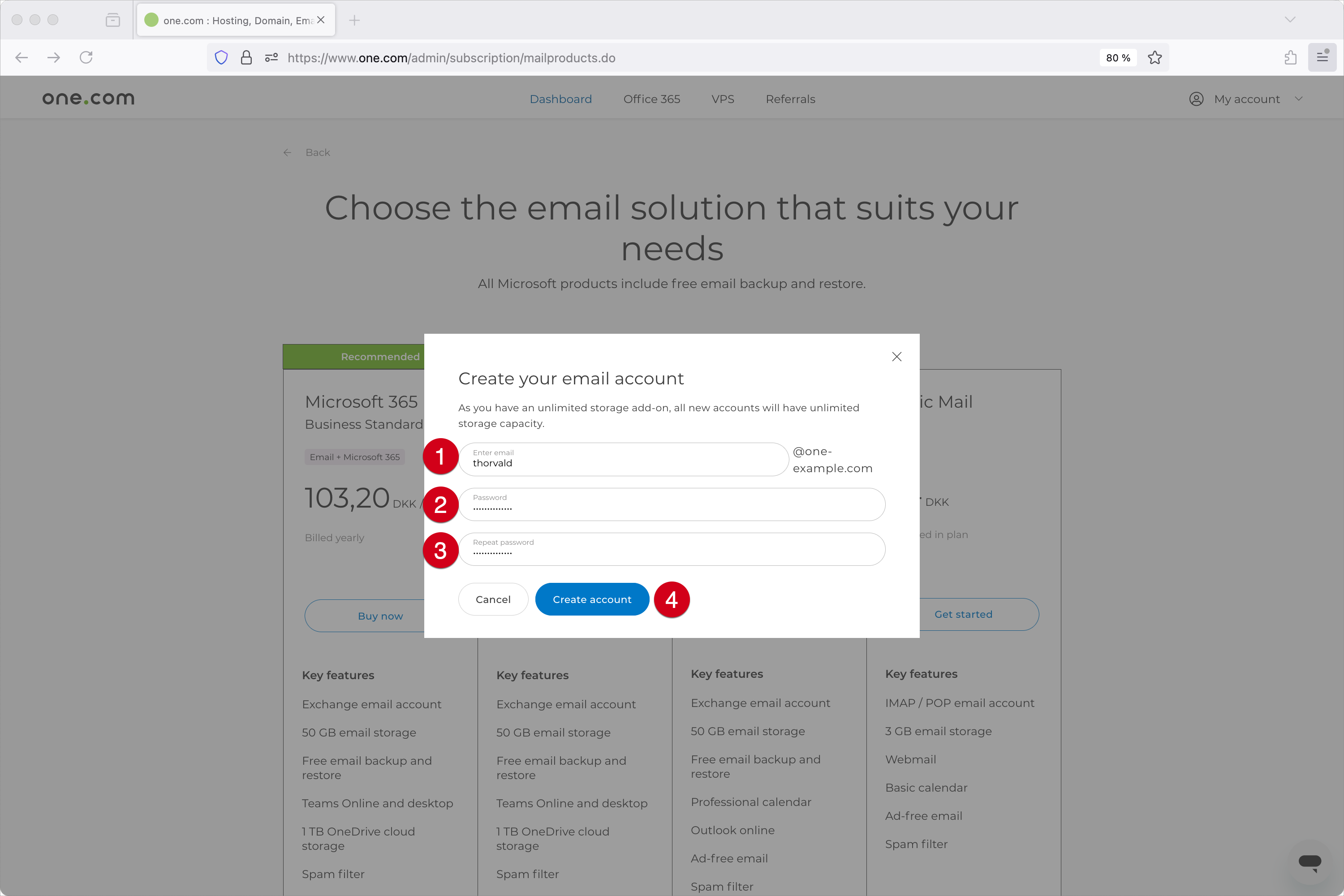 Skjermbilde av vinduet for oppretting av e-postkonto med nummererte sirkler som markerer hvert felt.