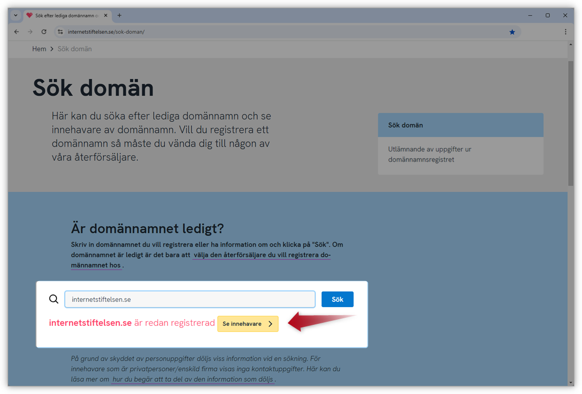 Et skærmbillede fra Internetstiftelsens hjemmeside. En pil peger mod "Vis registreringsoplysninger"-knappen.