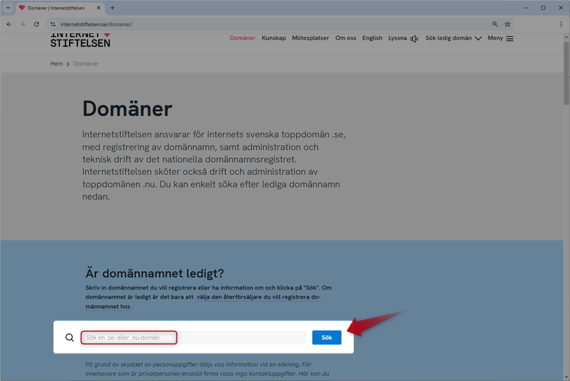Ein Screenshot von der Website der schwedischen Internetstiftung. Ein Pfeil zeigt in Richtung des Such-Buttons.