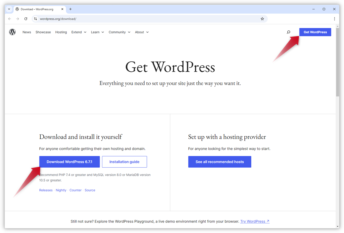 De screenshot toomt de downloadpagina voor het installeren van WordPress op de officiële WordPress.org-website.