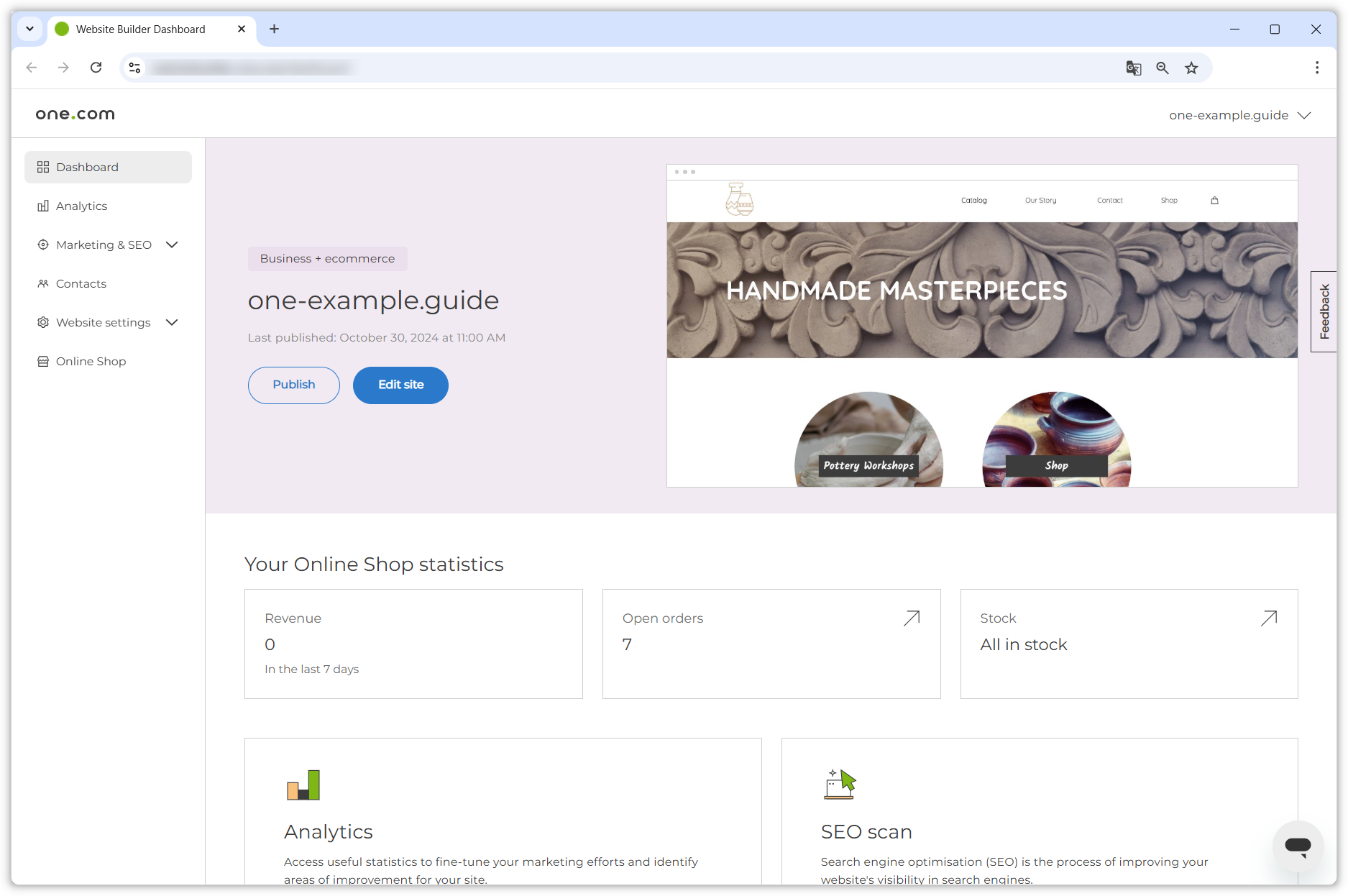 Website Builder dashboard showing the various options and quick access to the options.