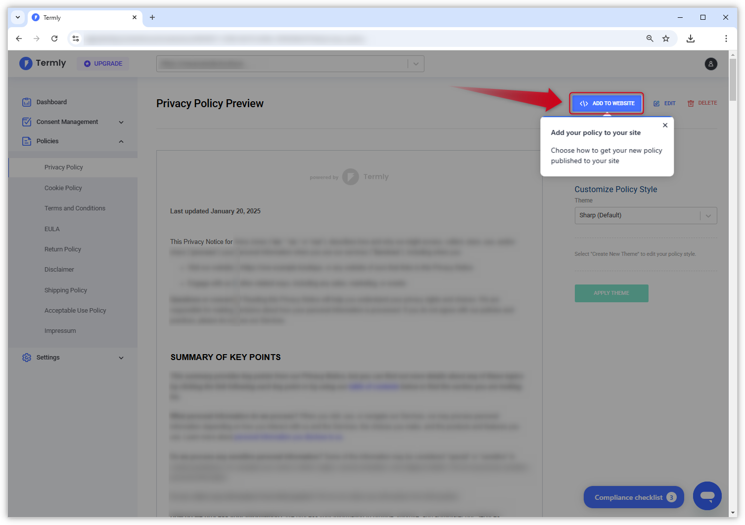 Screenshot of Privacy Policy Preview in the Termly dashboard. Blue 'Add to website' button is highlighted.