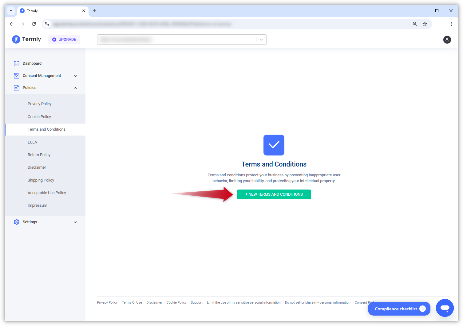 Captura de ecrã da página Termos e Condições no painel Termly. A seta vermelha aponta para o botão verde 'New Terms and Conditions'.