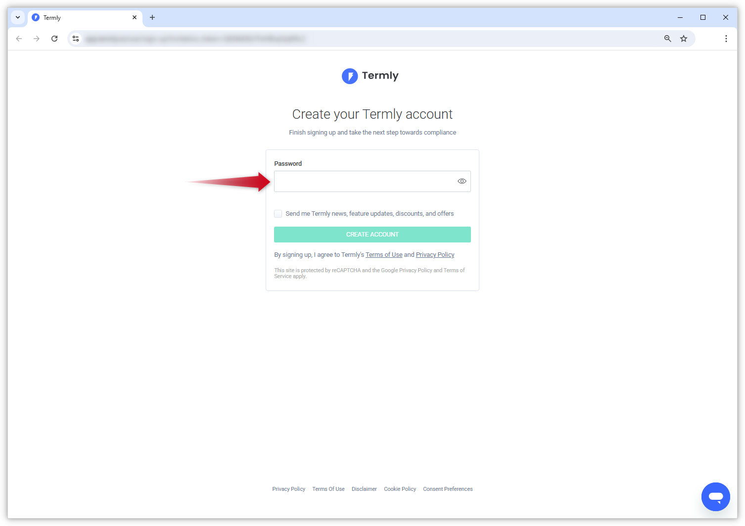 Screenshot of the Termly page. You can create a Termly account by choosing your password.