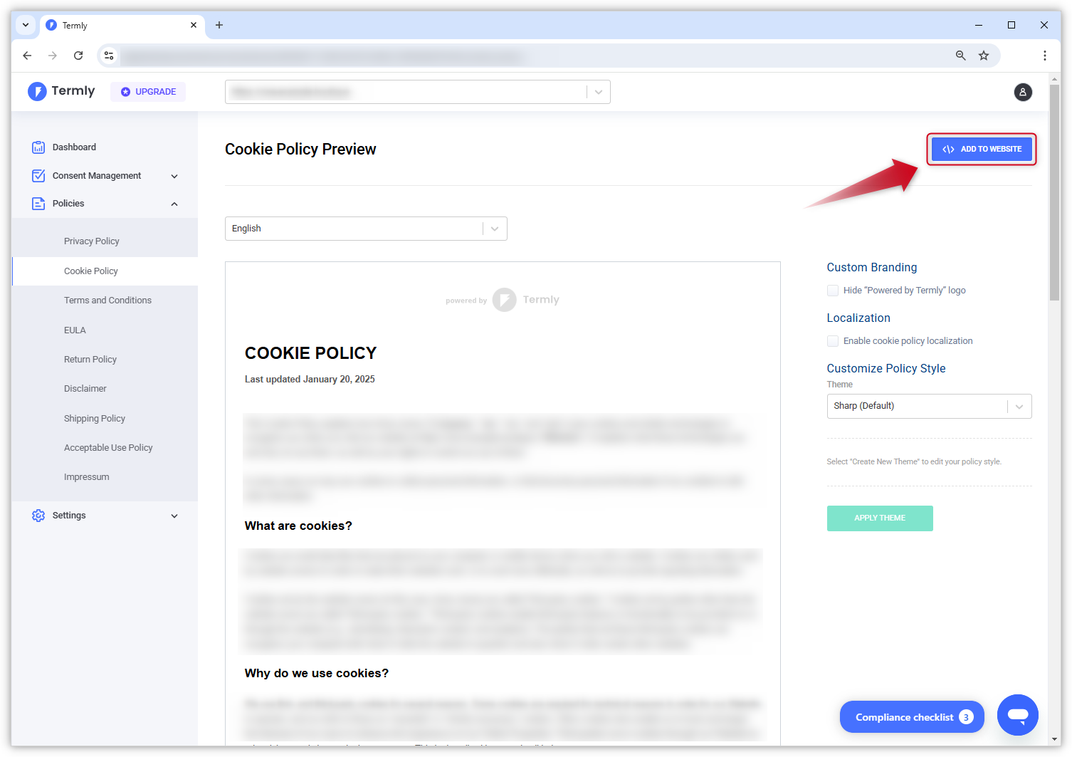 Skärmdump av förhandsgranskningen av Cookie-policy i Termly-instrumentpanelen.