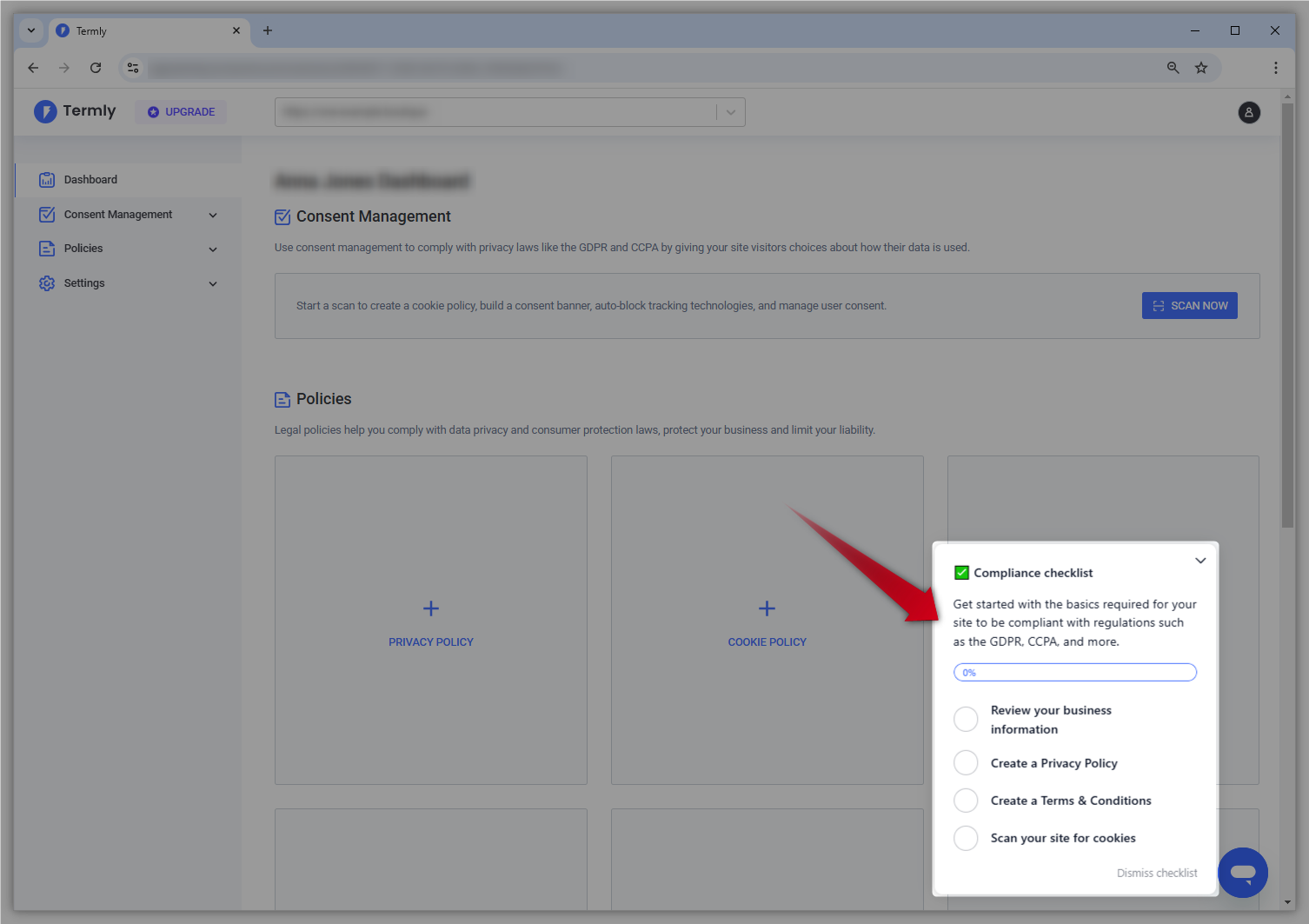 Screenshot van het Termly-dashboard. De Compliance-checklist is gemarkeerd.