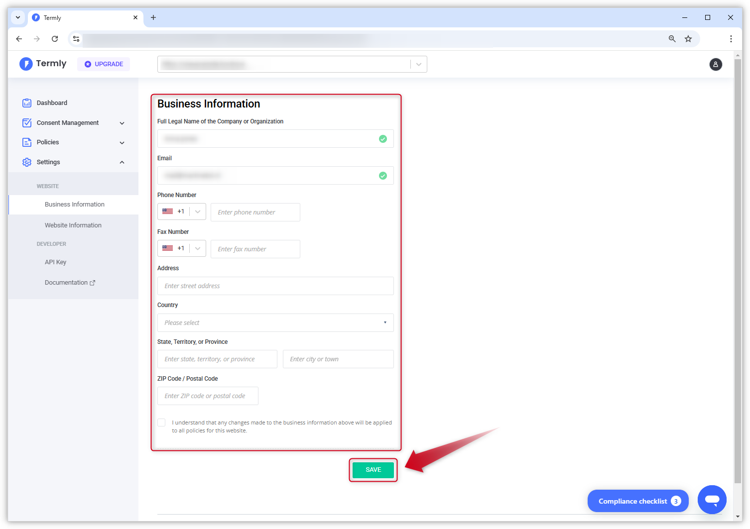 Screenshot van de pagina 'Bedrijfsgegevens' in het Termly-dashboard.
