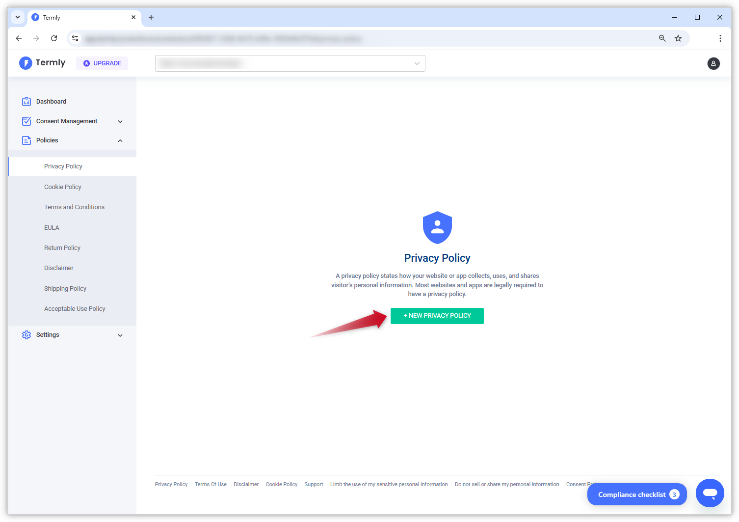 Screenshot van de Privacybeleid-pagina in het Termly-dashboard.